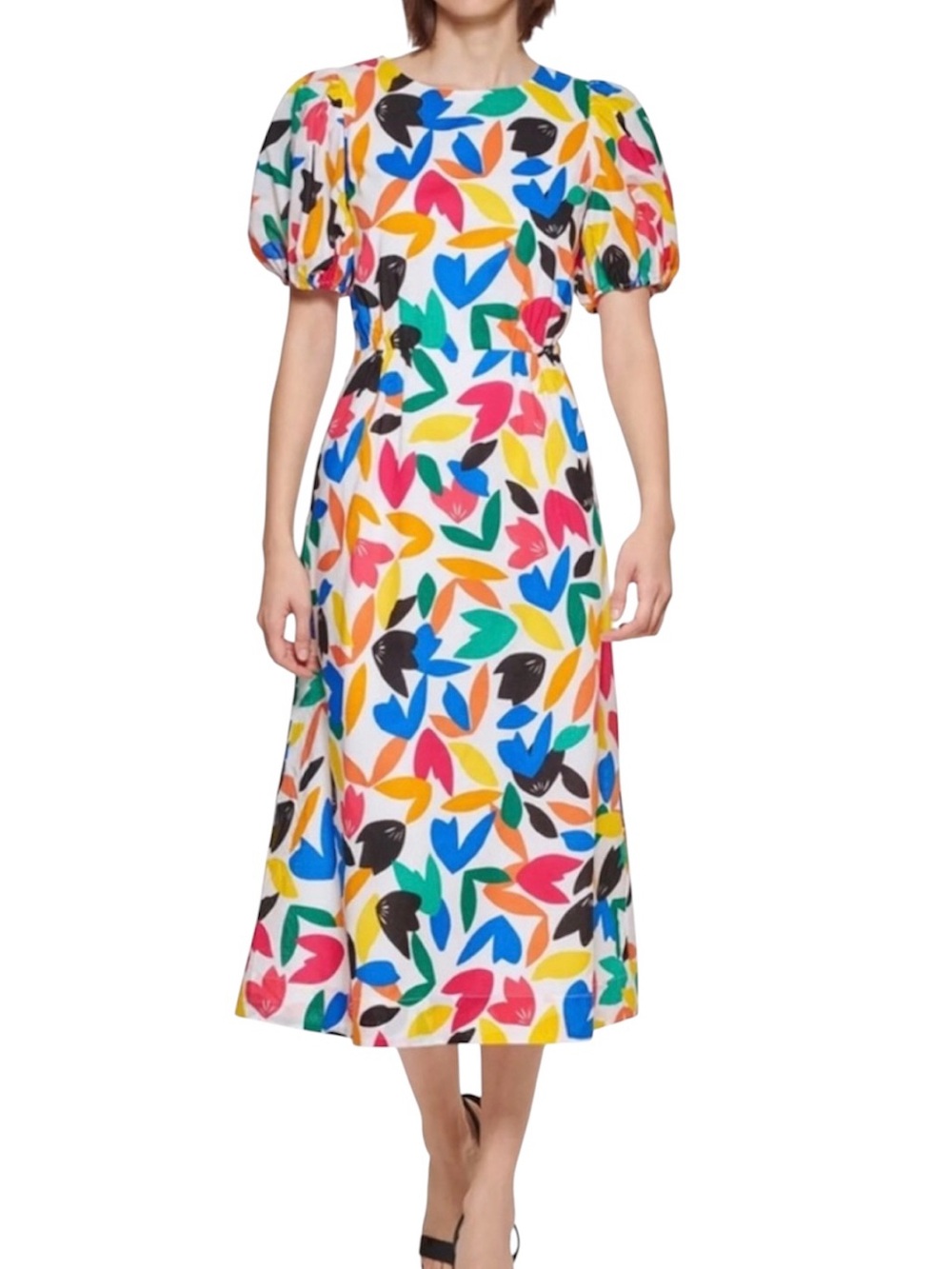 Calvin Klein Multi-Color Floral Puff-Sleeve Midi Dress, Size 2